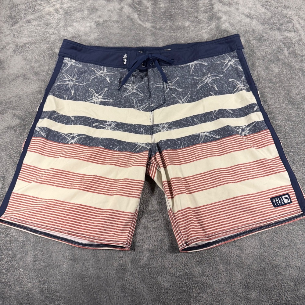 Salt Life SLX-QD Vapor Stretch Board Shorts Mens 40‎ Starfish Patriotic Navy Red